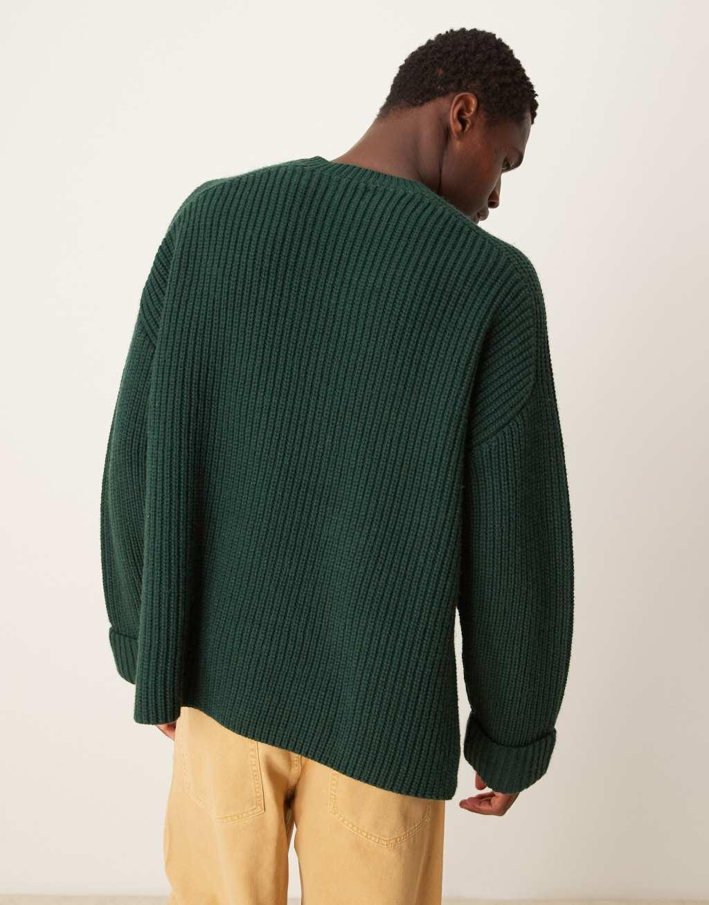 ASOS DESIGN oversized wool mix heavyweight rib sweater in dark green Product Image