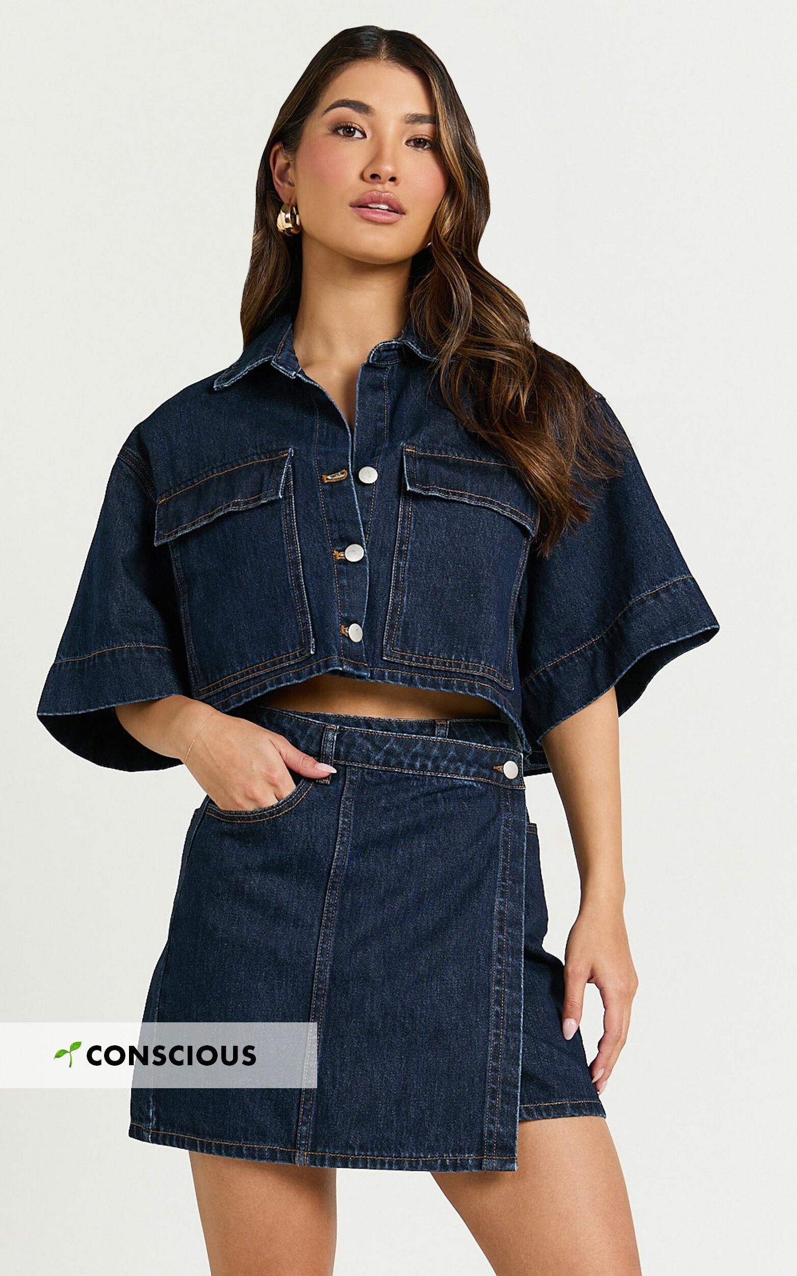 Katherine Top - Crop Button Down Collared Recycled Denim Short Sleeve Top in Dark Blue Wash Product Image