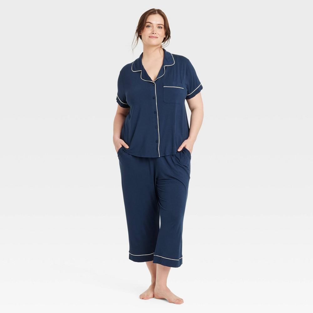 Womens Cloud Knit Short Sleeve Notch Collar Top and Cropped Pants Pajama Set - Auden Navy Blue 4X Product Image