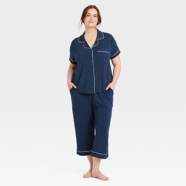 Womens Cloud Knit Short Sleeve Notch Collar Top and Cropped Pants Pajama Set - Auden Navy Blue 1X Product Image