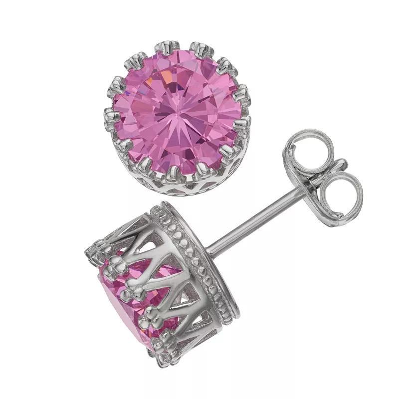 Rosabella Sterling Silver Pink Cubic Zirconia Crown Set Stud Earrings, Womens Product Image