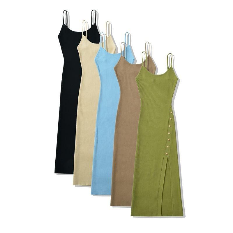 Spaghetti Strap Plain Button Slit Midi Knit Bodycon Dress Product Image