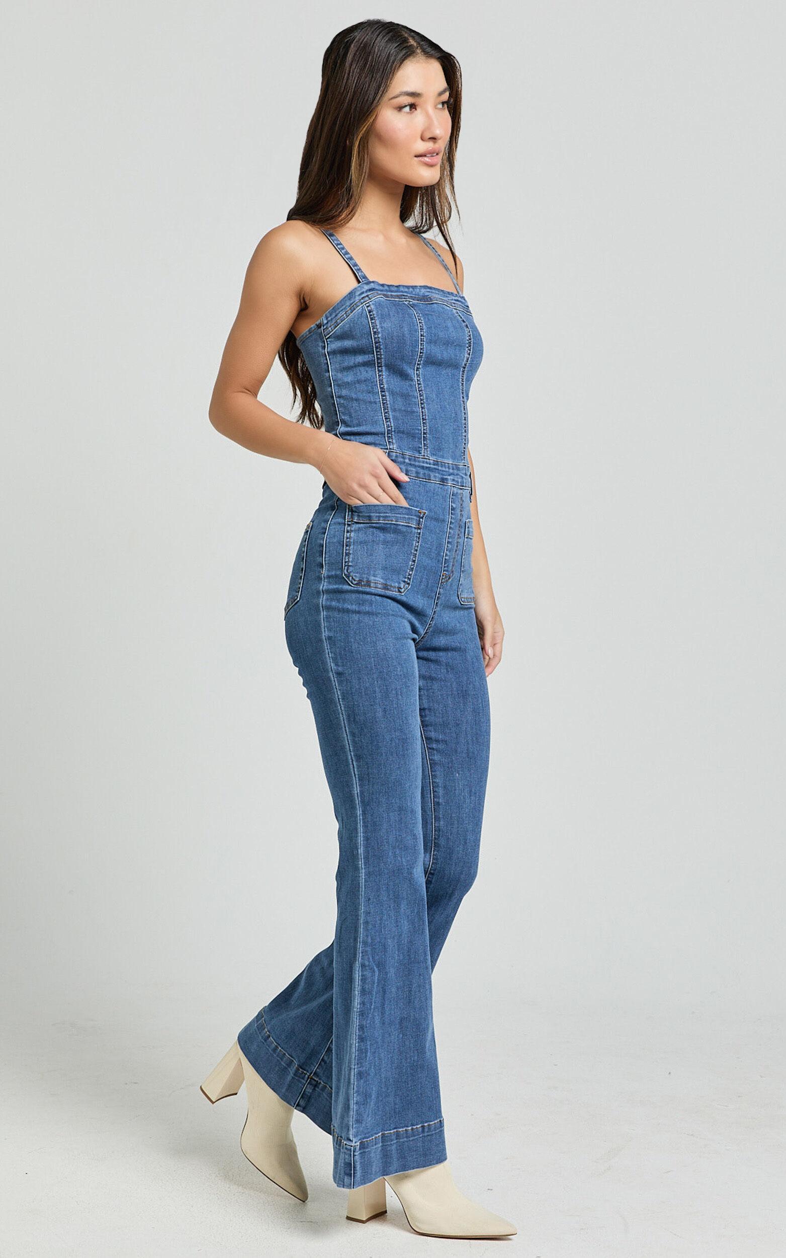 Joey Jumpsuit - Panelled Cami Flared Bottom Denim Jumpsuit in Dark Blue Wash Product Image