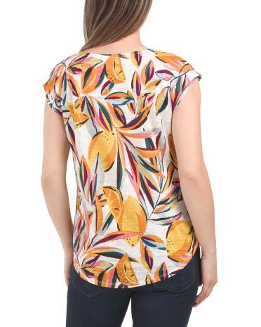 Linen Short Sleeve Cali Lemon Palm Print Top for Women Product Image