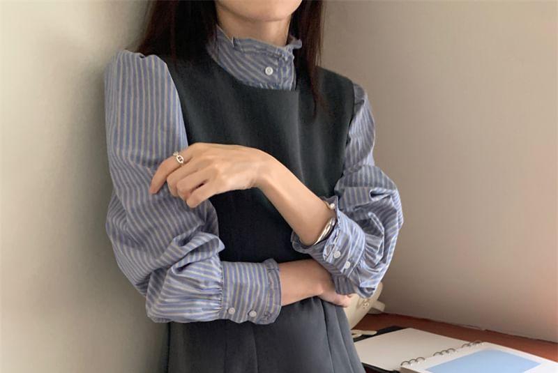 Sleeveless Plain A-Line Dress / Long-Sleeve Striped Blouse Product Image