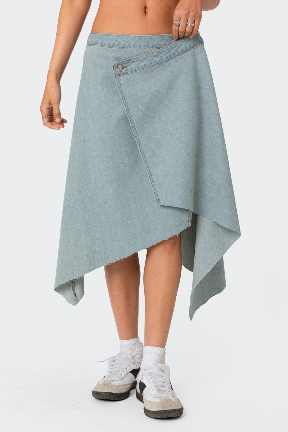 Asymmetric Wrapped Denim Midi Skirt Product Image