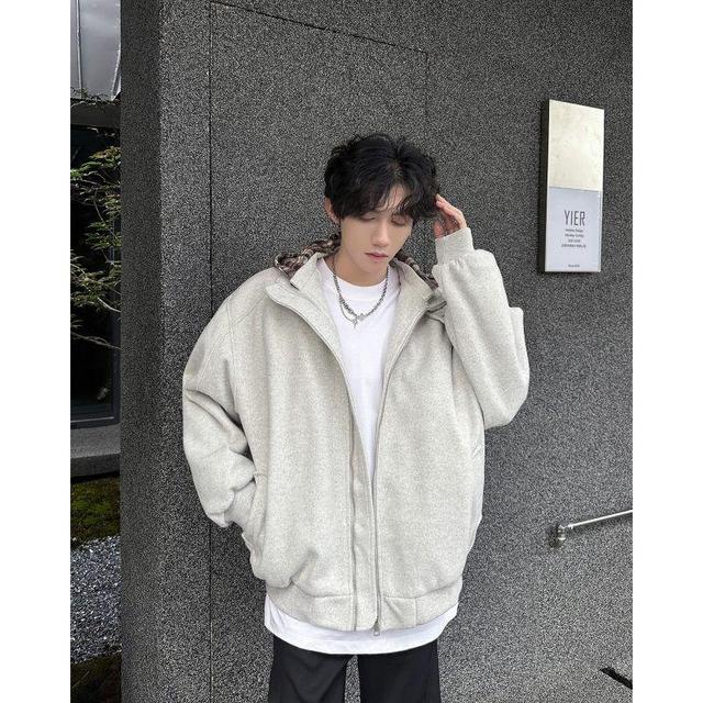 Hooded Plaid Panel Zip Up Jacket Product Image