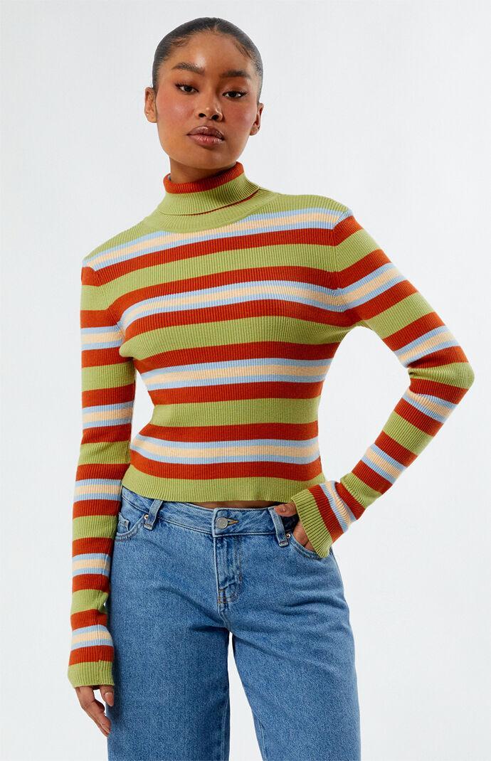 Daisy Street Women's Striped Ribbed Turtleneck Sweater - Product Image