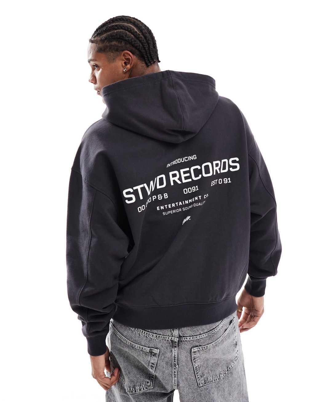 Pull&Bear oversized stwd records back printed hoodie in washed black  Product Image