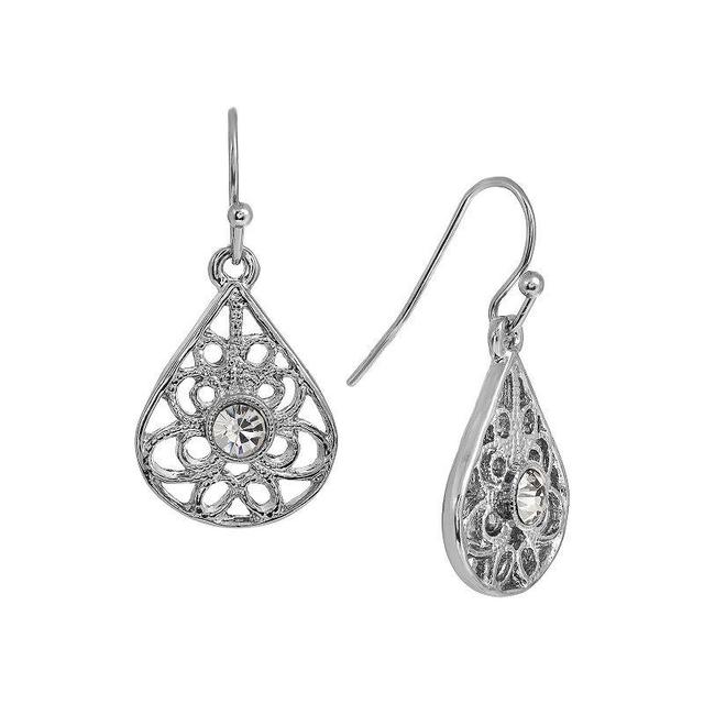 1928 Silver Tone Crystal Filigree Teardrop Earrings, Womens, White Product Image