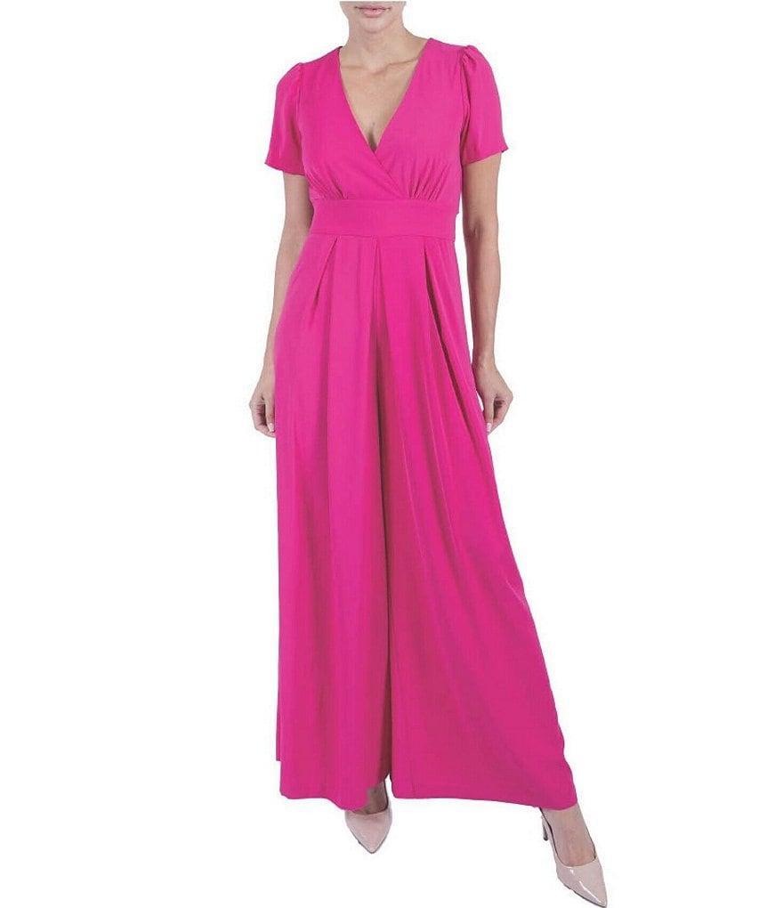 Julia Jordan Matte Crepe V-Neck Short Sleeve Wide Leg Pleated Jumpsuit Product Image