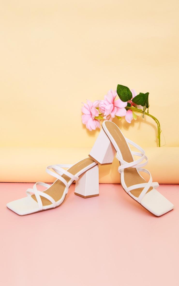 White Wide Fit PU Square Toe Cross Over Straps Block Heeled Mules Product Image