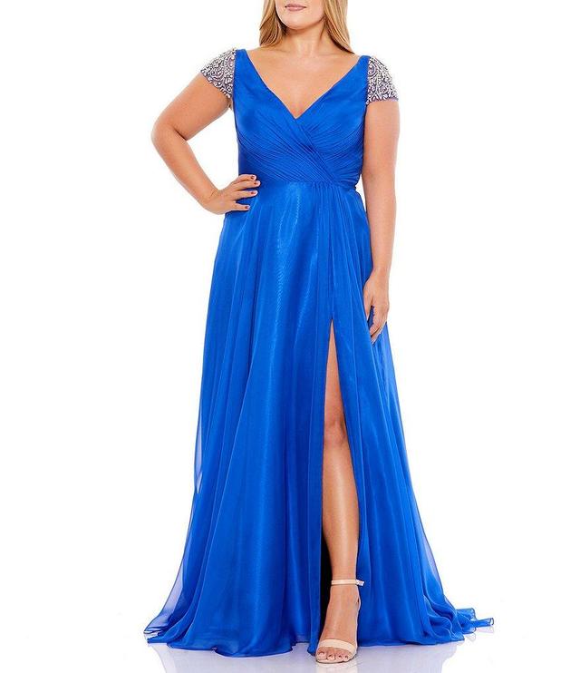 Mac Duggal Plus Size Beaded Cap Sleeve V-Neck Gown Product Image