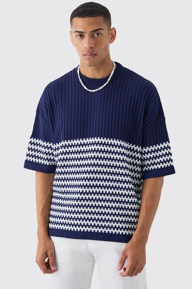 Oversized Stripe Knitted T-shirt | boohooMAN USA Product Image