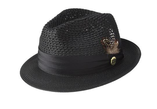 Black Solid Color Pinch Braided Fedora With Matching Satin Ribbon Product Image