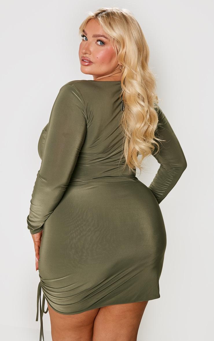 Plus Khaki Soft Touch Ruched Side Detail Mini Dress Product Image