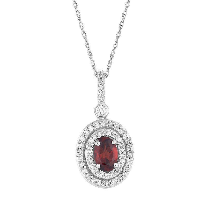 10k White Gold Garnet & 1/4 Carat T.W. Diamond Oval Halo Pendant Necklace, Womens 10k Whgold Product Image