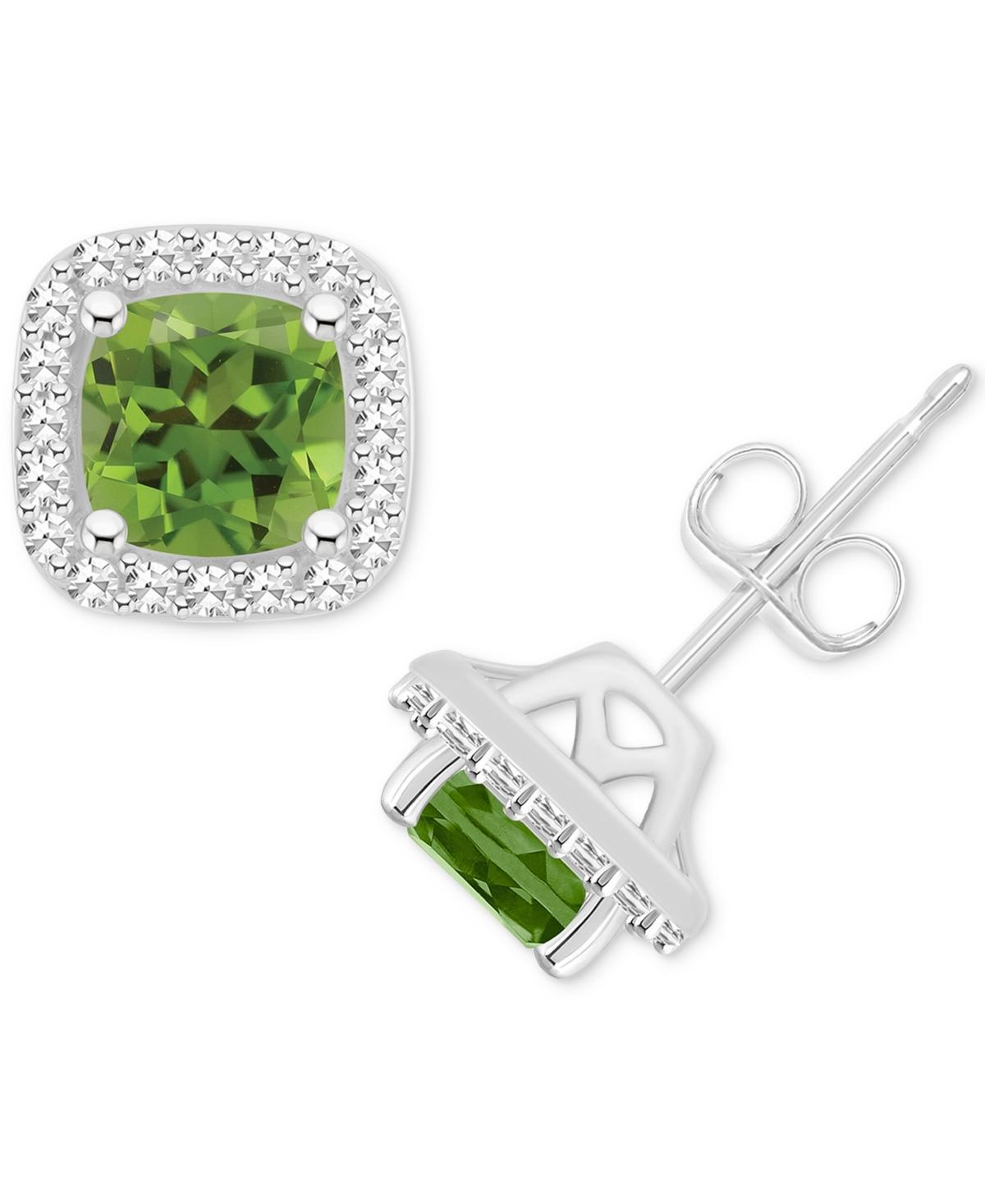 Celebration Gems Sterling Silver 5 mm Cushion Gemstone & 1/5 Carat T.W. Diamond Halo Stud Earrings, Womens, Peridot Product Image