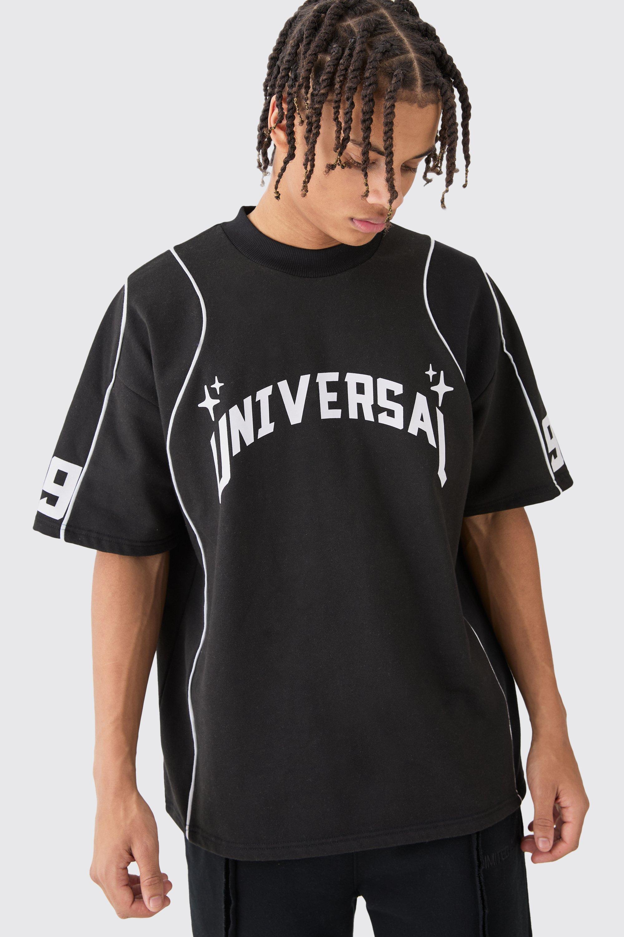 Mens Black Oversized Extended Neck Universal Graphic T-shirt, Black Product Image