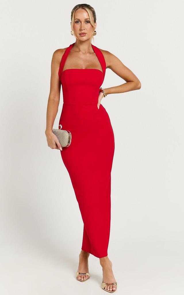 Salome Midi Dress - Halter Neck Column Dress in Red Product Image