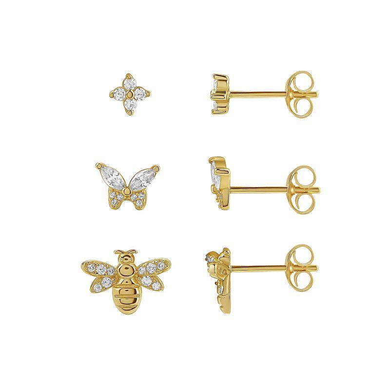 PRIMROSE 18k Gold Plated Cubic Zirconia Flower, Butterfly & Bee Stud Earring Trio Set, Womens, Gold Tone Product Image