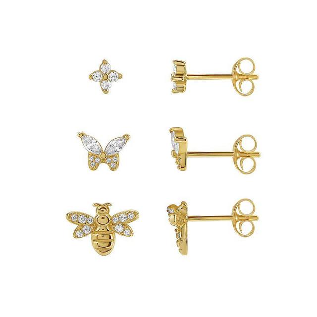 PRIMROSE 18k Gold Plated Cubic Zirconia Flower, Butterfly & Bee Stud Earring Trio Set, Womens, Gold Tone Product Image