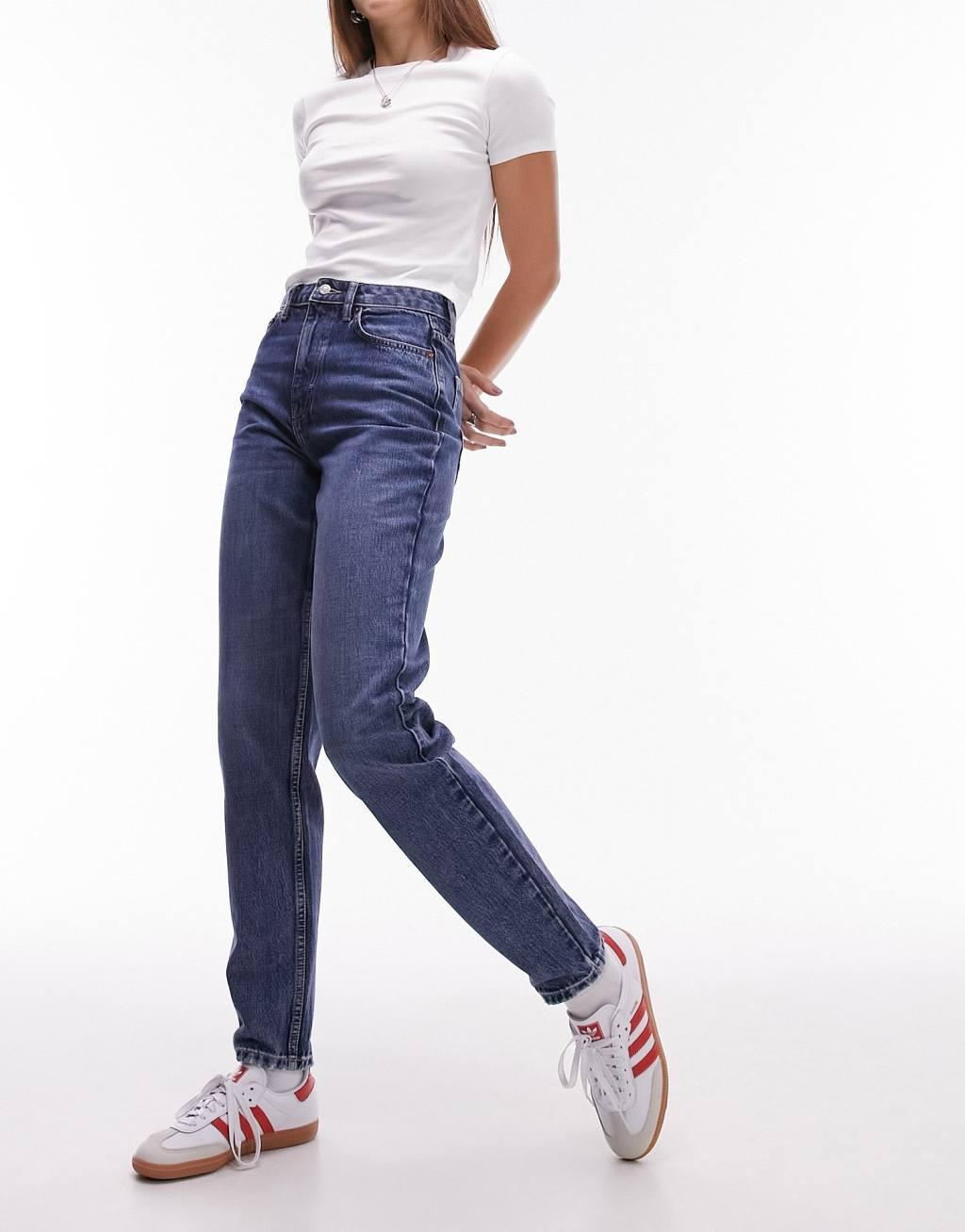 Topshop Tall Original high rise Mom jeans in mid blue Product Image