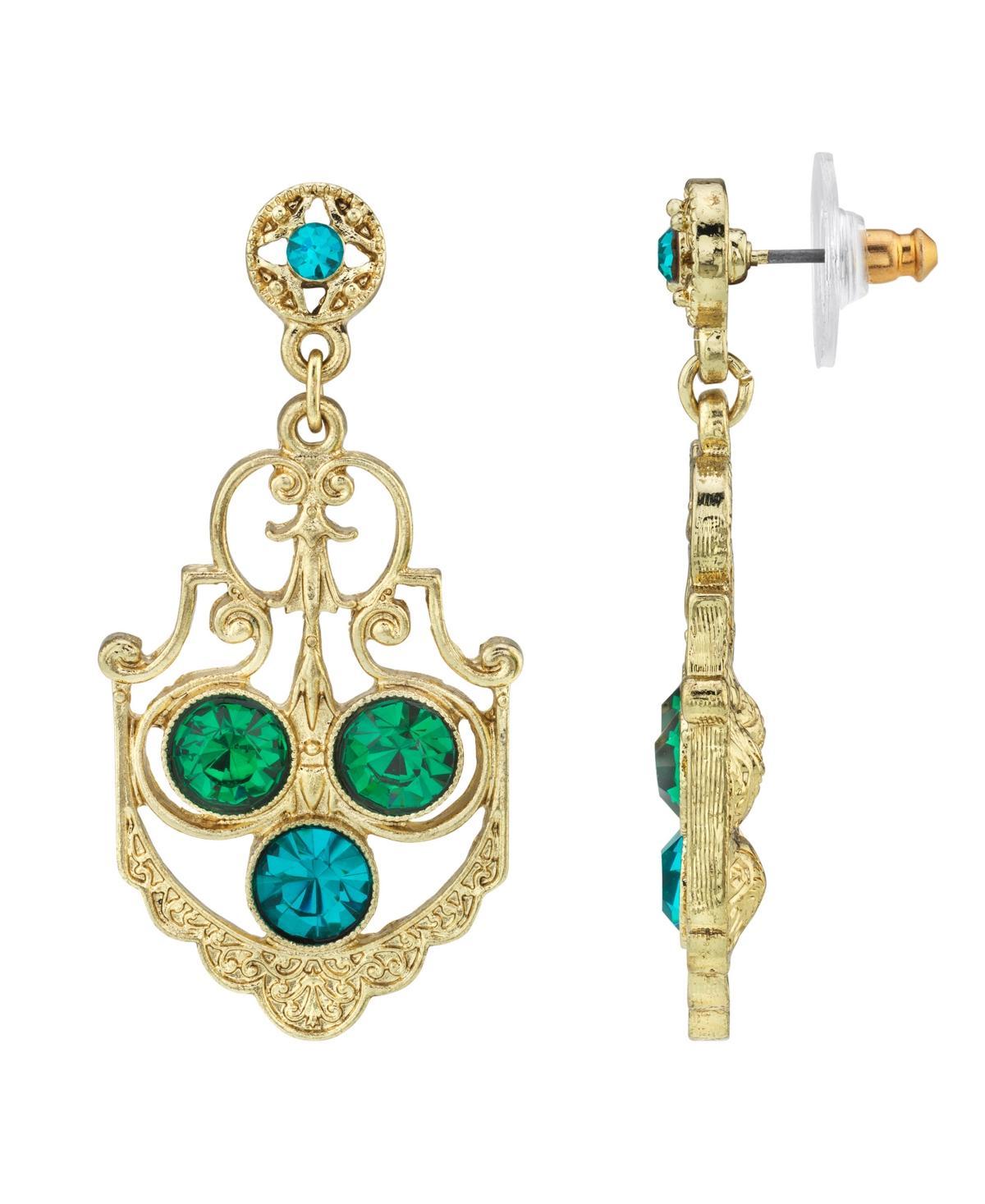 1928 Gold-Tone Blue Zircon Color & Green Crystal Drop Earrings, Womens Product Image