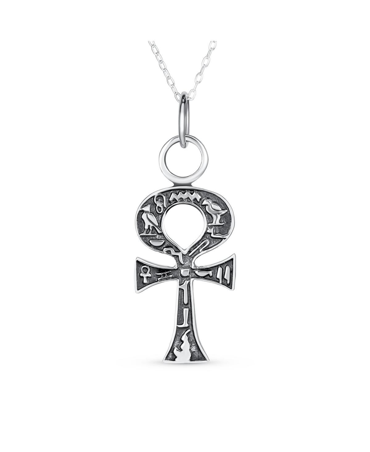 Bling Jewelry Unisex Religious Egyptian Hieroglyphs Key To Life Egyptian Ankh Cross Pendant Necklace For Women Oxidized .925 Sterling Silver Product Image