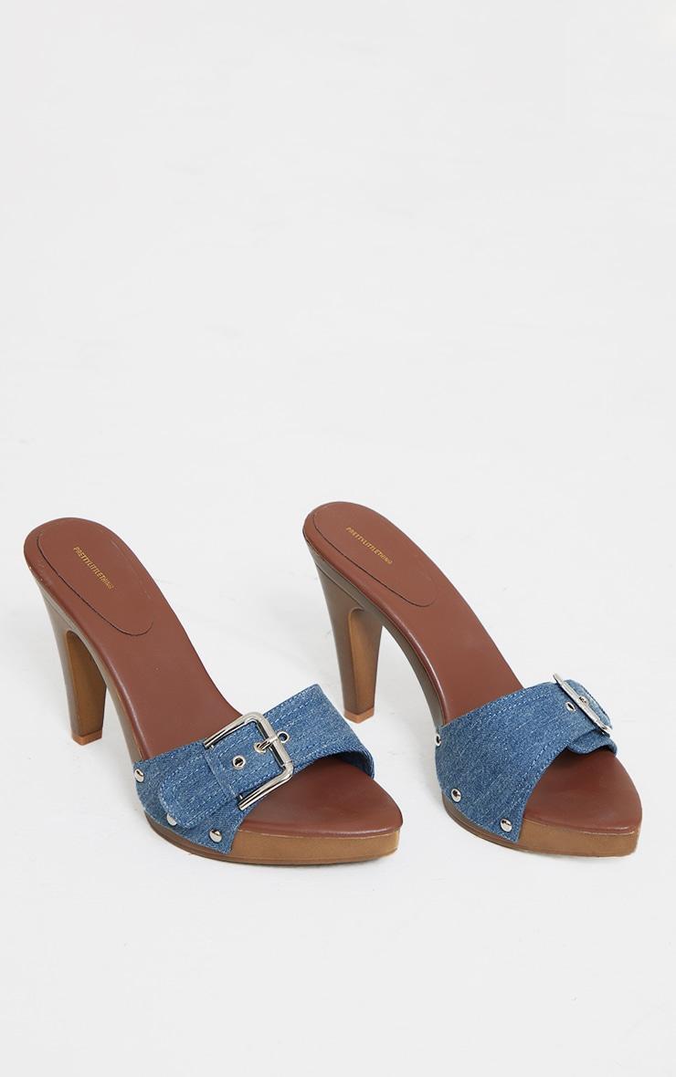 Blue Denim Buckle Detail Vintage High Heeled Mules Product Image