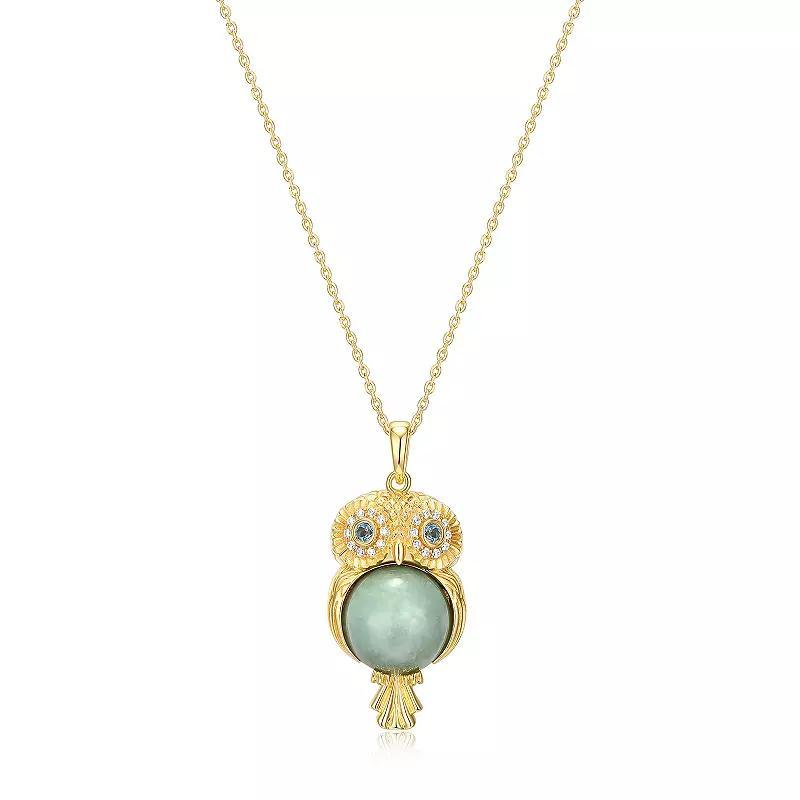 Dynasty Jade 18k Gold over Sterling Silver Genuine Jade, Blue Topaz, & Cubic Zirconia Owl Pendant Necklace, Womens Green Product Image