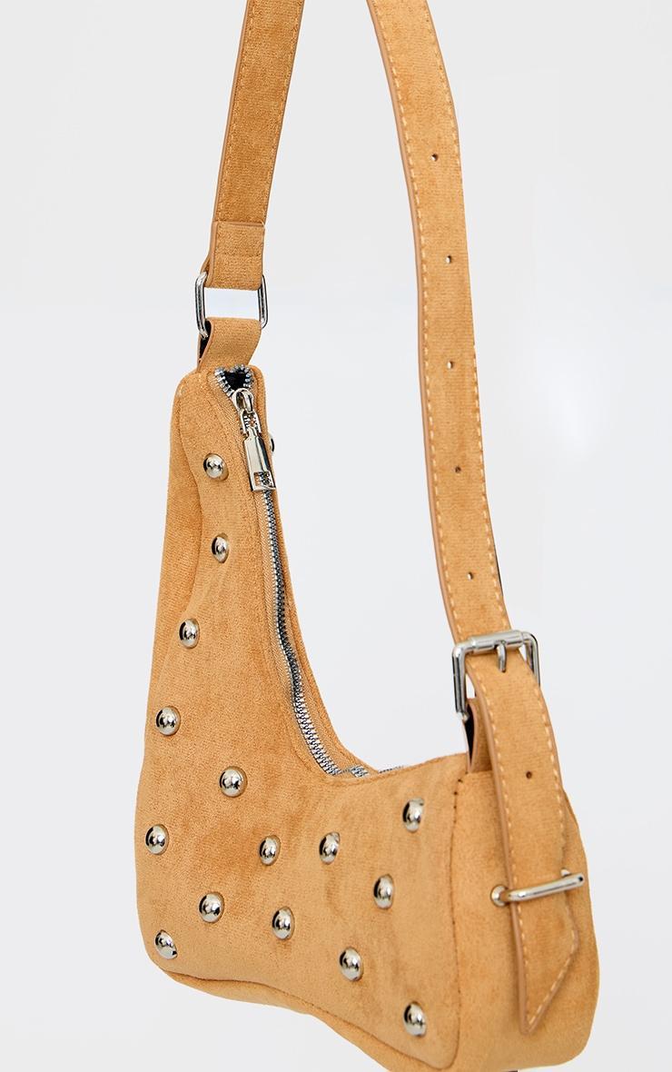 Camel Faux Suede Silver Studded Abstract Shoulder Bag Product Image