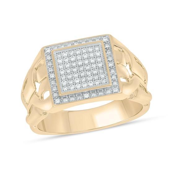 Men's 1/4 CT. T.w. Square Multi-Diamond Double Frame Cut-Out Shank Ring in Sterling Silver with 14K Gold Plate Product Image