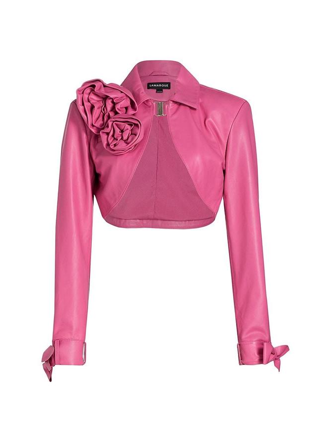 Womens Flower Appliqu Leather Crop Jacket Product Image