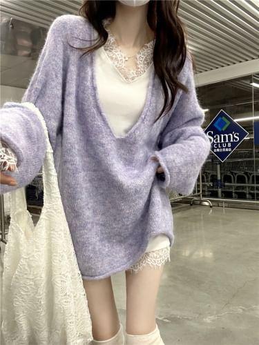 Long-Sleeve Lace Trim Plain T-Shirt / Long-Sleeve V-Neck Melange Sweater product image