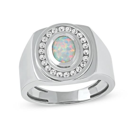 Men's Oval Lab-Created Opal and White Lab-Created Sapphire Frame Bold Shank Band in Sterling Silver Product Image