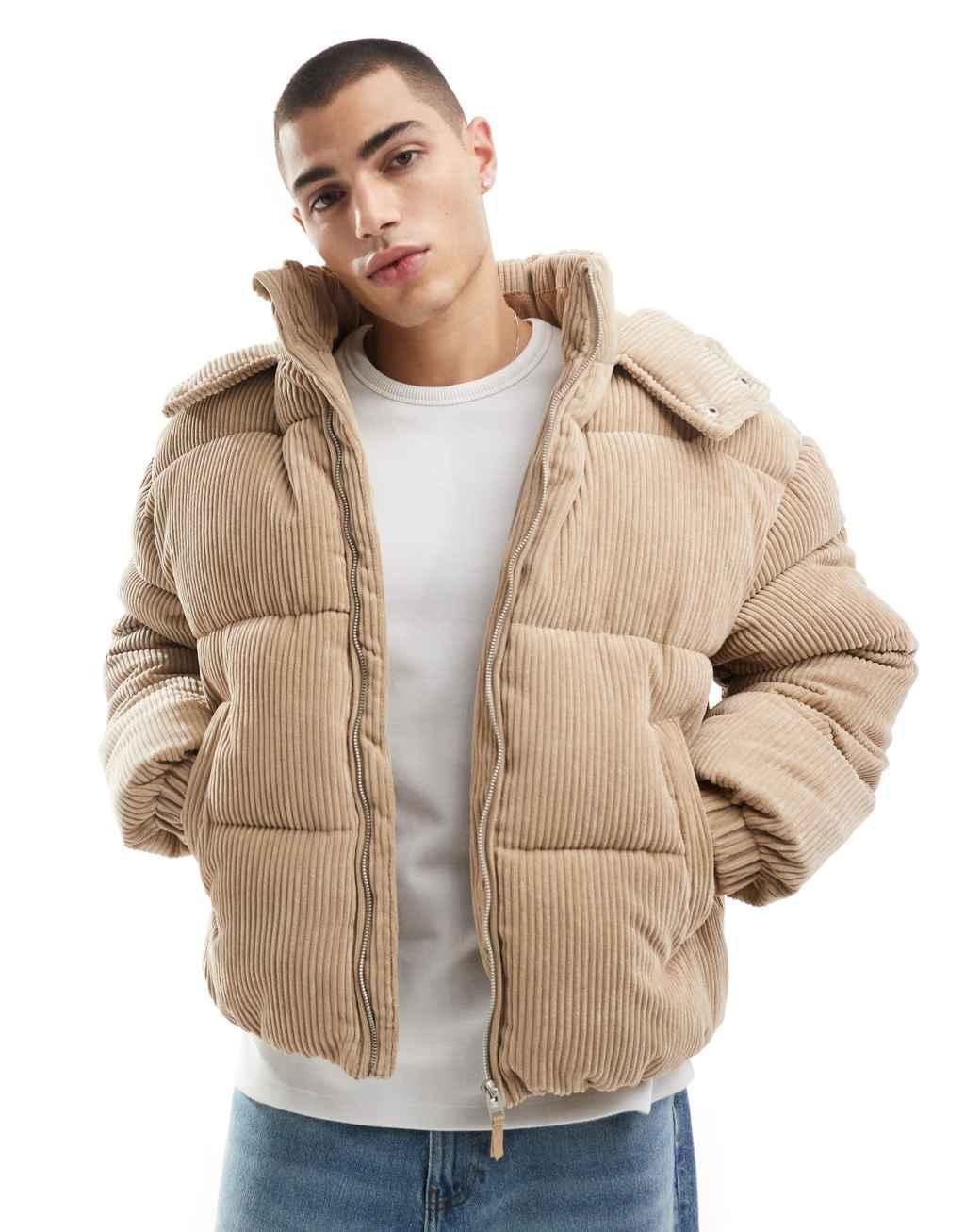 Bershka detachable hooded cord puffer coat in camel Product Image