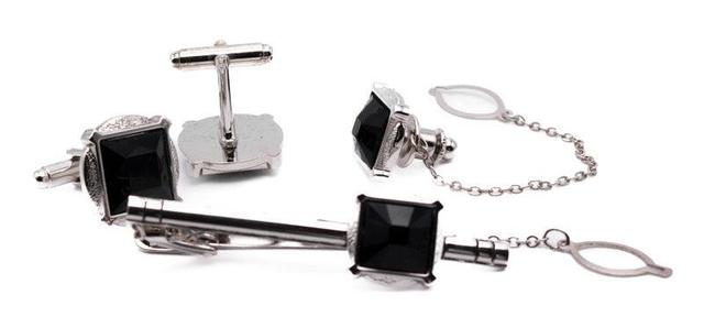 Black Square Crystal Men's Accessory Box Cuff Links, Tie Clip, Tie Pin 4 Piece Set Product Image