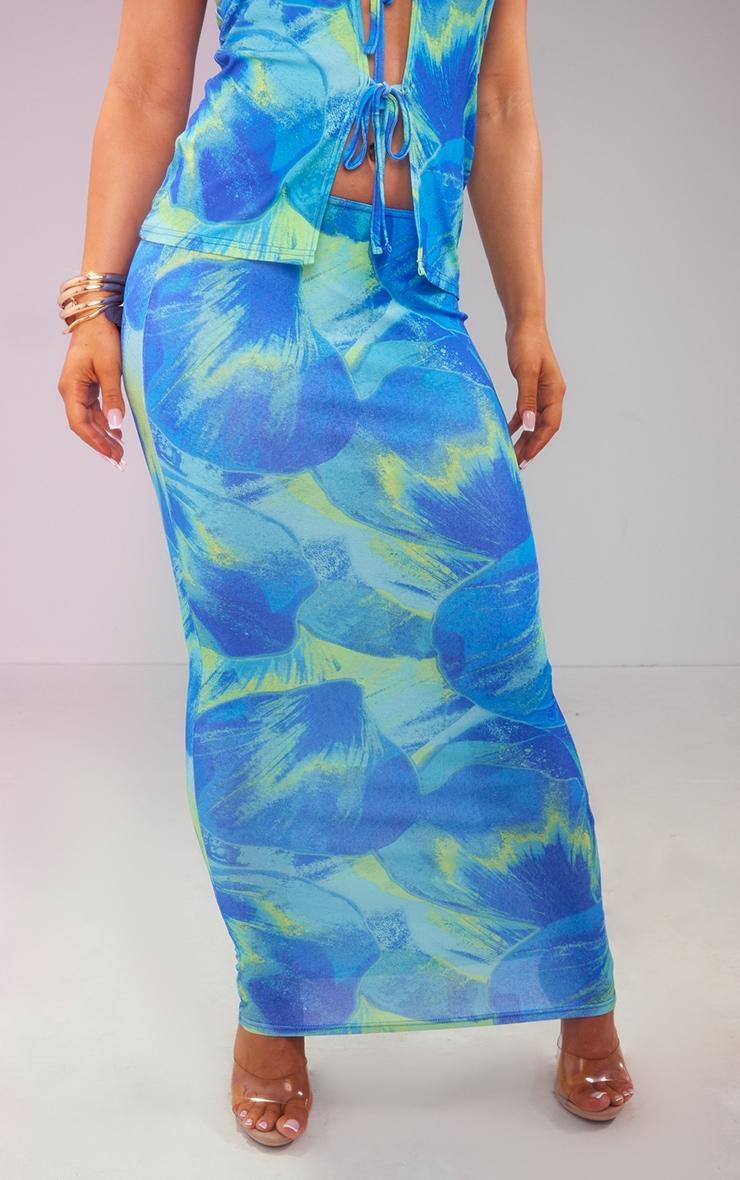  Blue Abstract Floral Burn Out Printed Low Rise Maxi Skirt Product Image