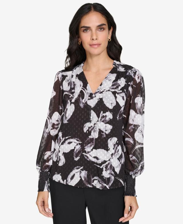 Calvin Klein Womens Printed V-Neck Long-Sleeve Top Product Image