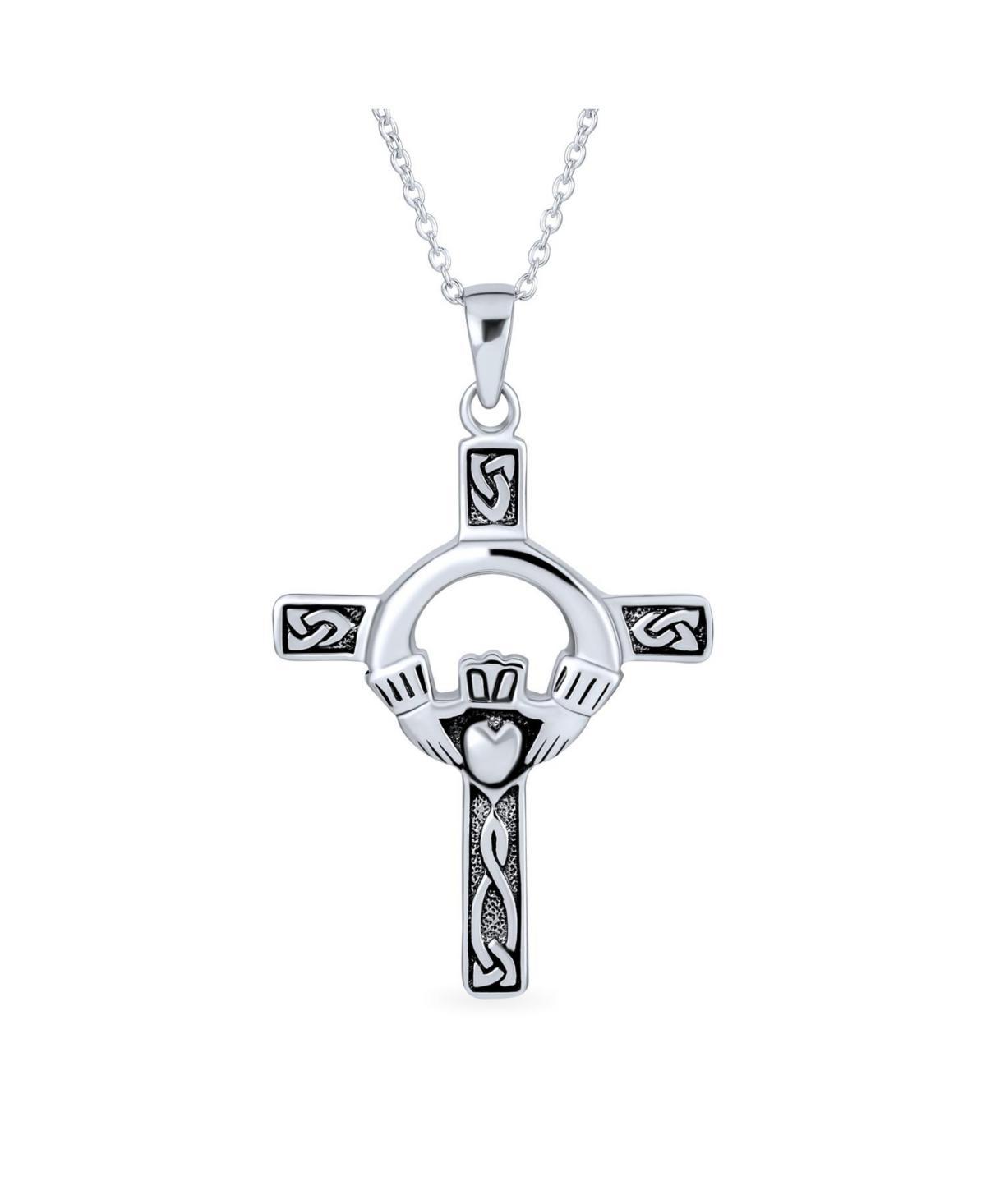 Bling Jewelry Spiritual Religious Irish Viking Eternal Trinity Celtic Knot Claddagh Cross Pendant Necklace For Women Oxidized Sterling Silver Product Image