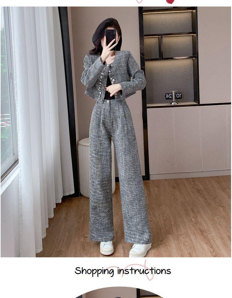 Set: Round Neck Beaded Tweed Button Jacket + High Waist Wide Leg Pants Product Image