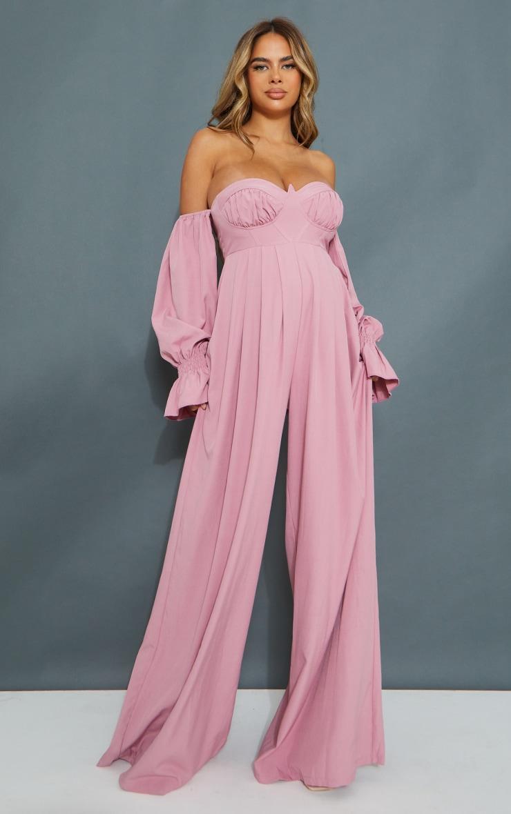 Maternity Pink Corset Detail Bardot Wide Leg Jumpsuit Product Image