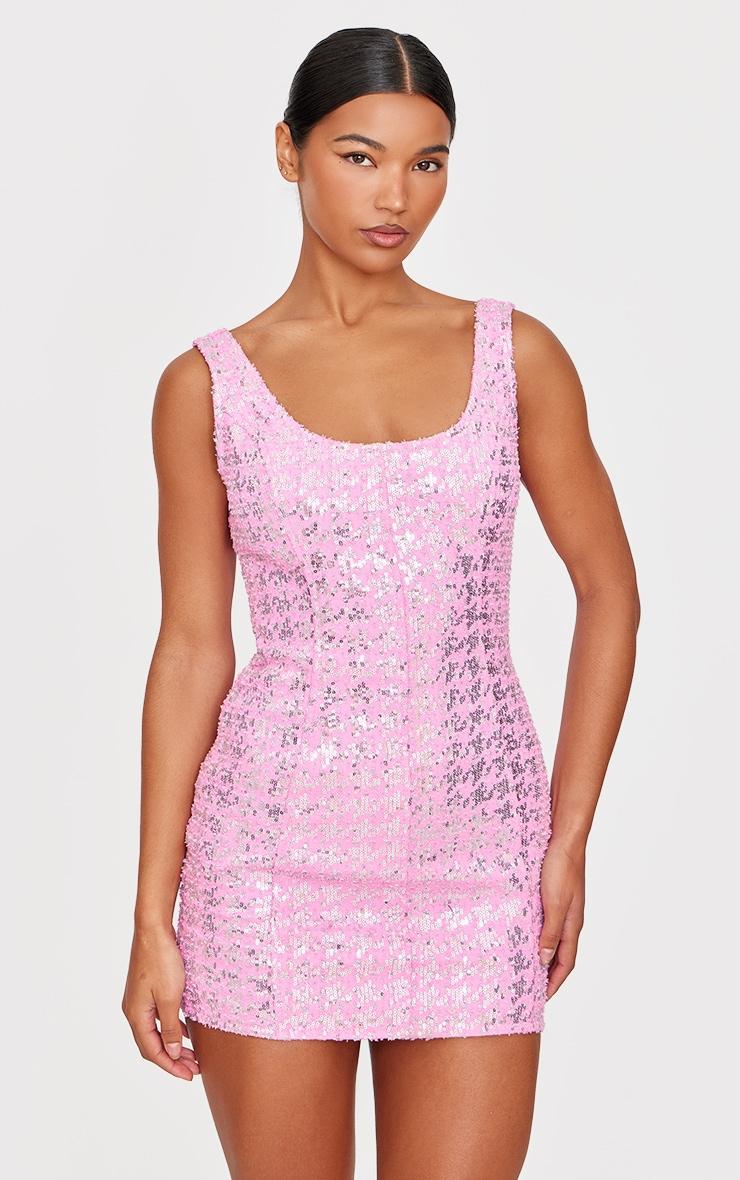 Pink Sequin Denim Mini Dress Product Image