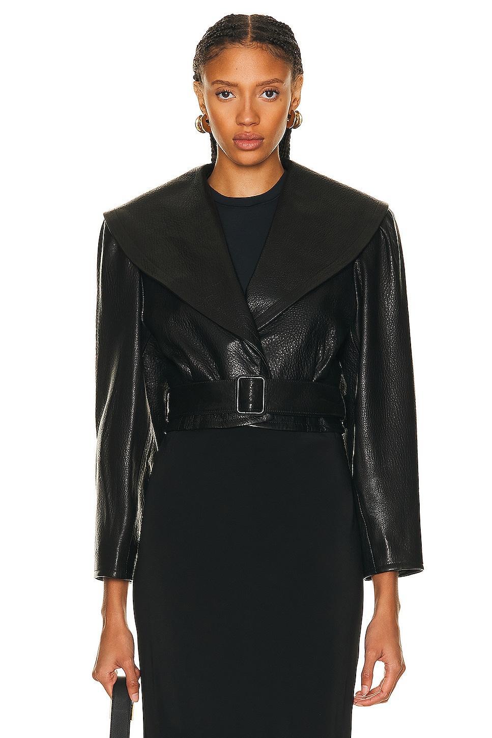 FRAME Cropped Belted Leather Jacket Black. (also in XL, XS). Product Image