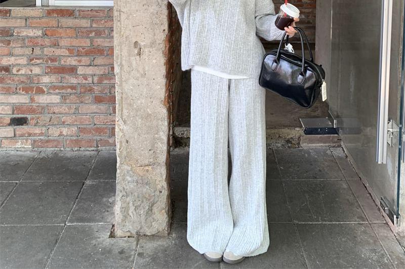 Set: Plain Half Zip Ribbed Sweater + High Waist Knit Wide Leg Pants Product Image