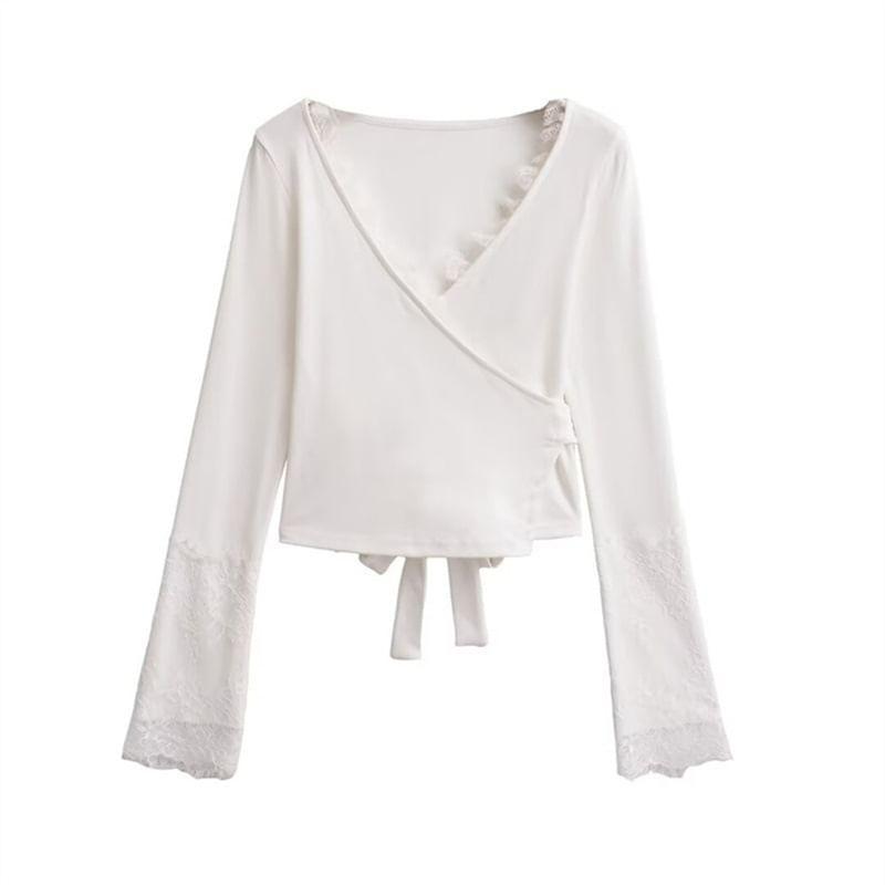 Long Sleeve V-Neck Plain Tie-Up Panel Lace Wrap Top Product Image