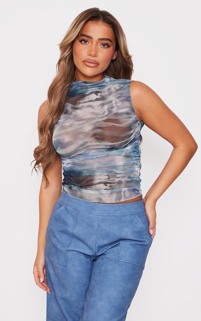 Blue Multi Printed Mesh Ruched Sides High Neck Long Top Product Image