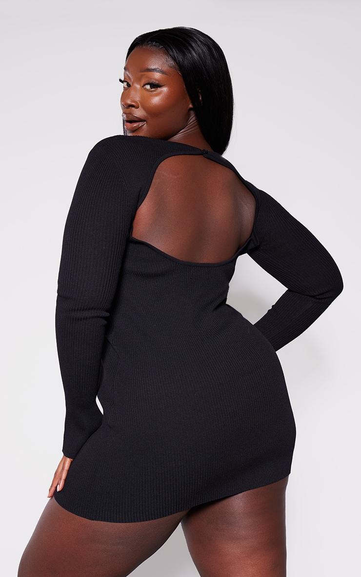 Plus Black Rib Knit Open Back Mini Dress Product Image