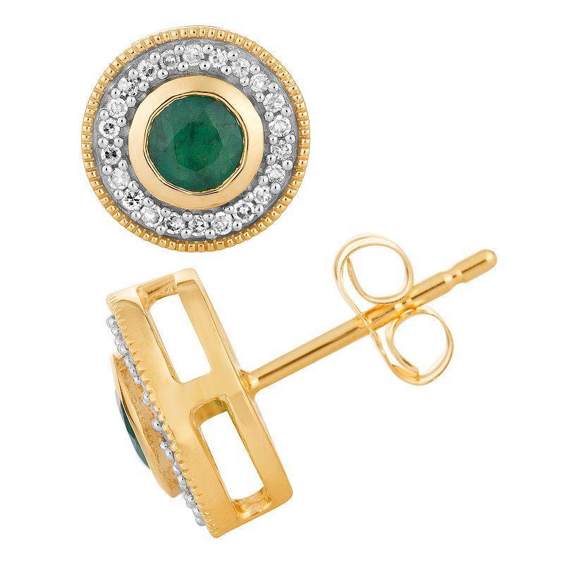 10k Gold Emerald & 1/5 Carat T.W. Diamond Milgrain Halo Stud Earrings, Womens Product Image